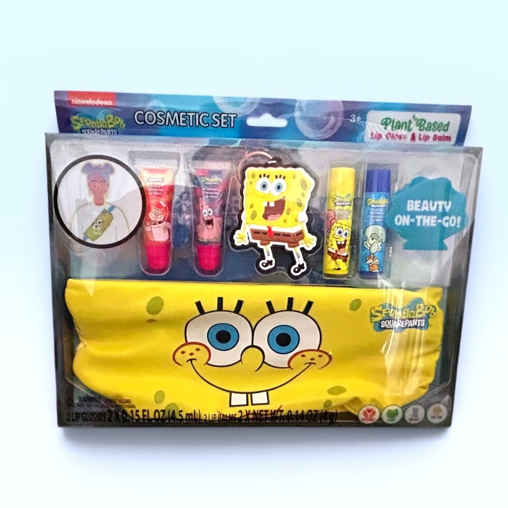 Nickelodeon SpongeBob SquarePants Cosmetic Set Lip Gloss Balm Keychain Bag NEW - Picture 2 of 3